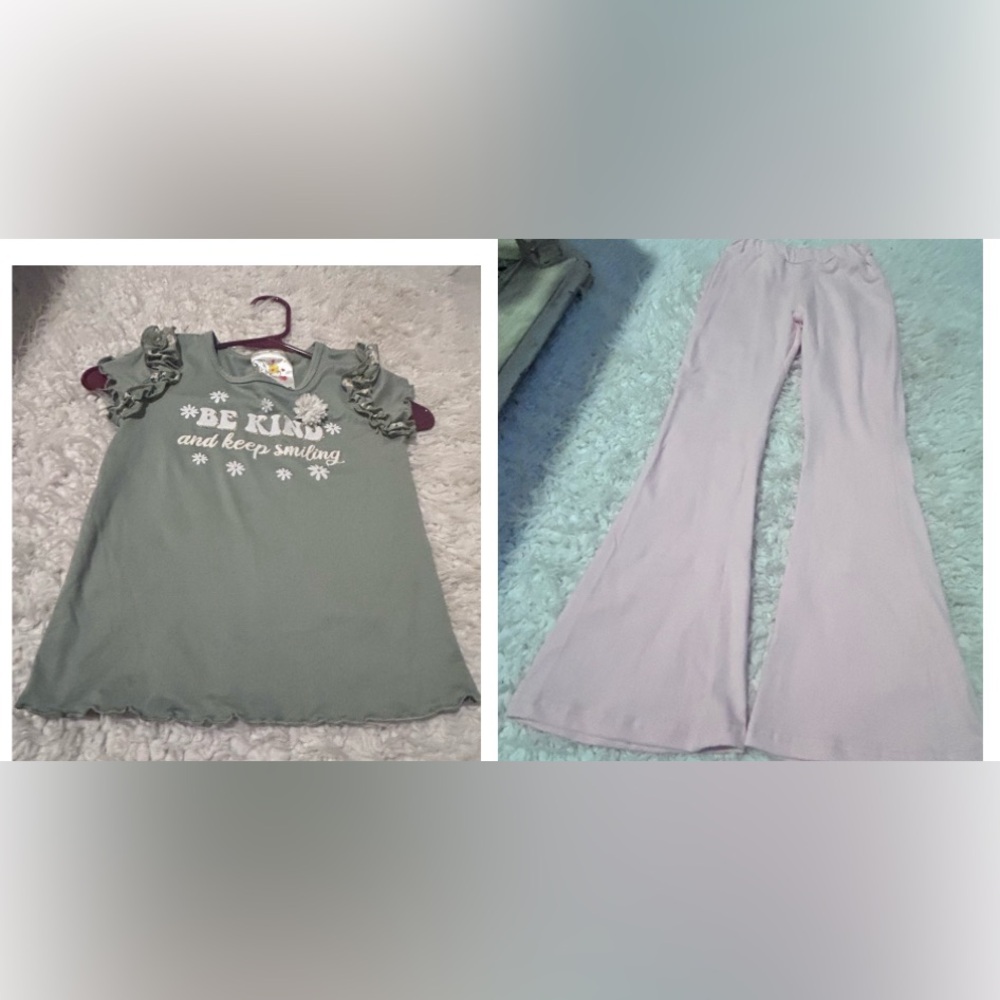 Jenna & Jessie Girls be kind Happiness Shirt & pink bell bottom pants 6 NWOT K5